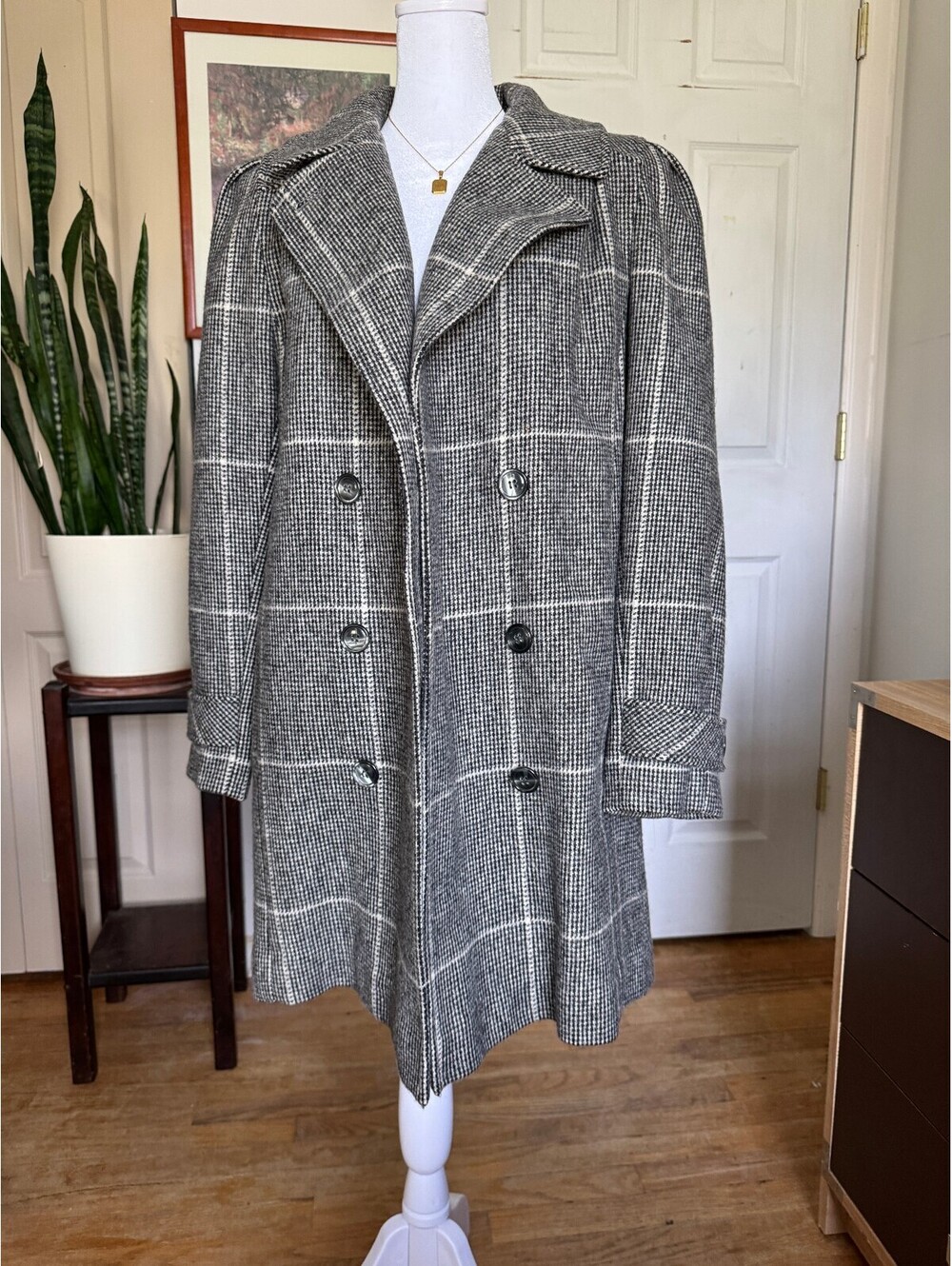 Aldona Women's Gray and White Windowpane Wool Blend Overcoat